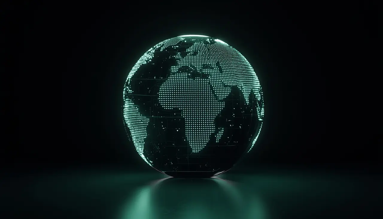 Hand holding a smartphone in front of a world map